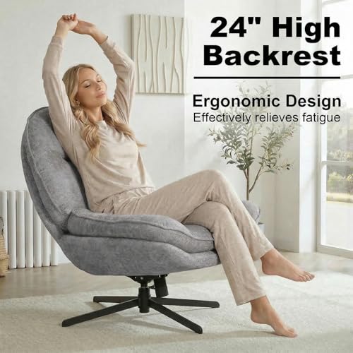 24" High Back Swivel Accent Chair for Living Room, Swivel Tilt Accent Chair, Comfy Reading Chair Oversized, Slightly Rocking Upholstered Armchair, Ergonomic Soft Fabric Modern Chair, Gray