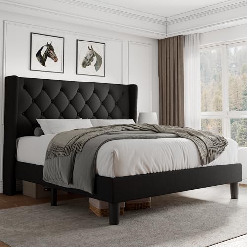 Queen Size Platform Bed Frame with Button Tufted Headboard, view 2