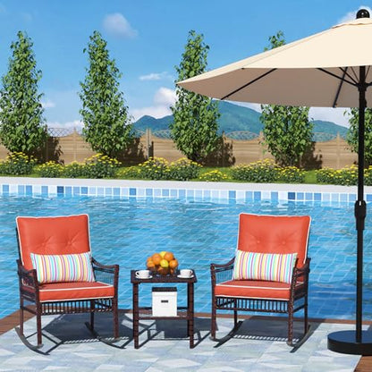 Outdoor Rocking Chairs 3 Pieces Patio Conversation Front Porch Furniture, Wicker Rocking Chairs Bistro Set with Coffee Table and Cushions for Garden and Balcony, Orange