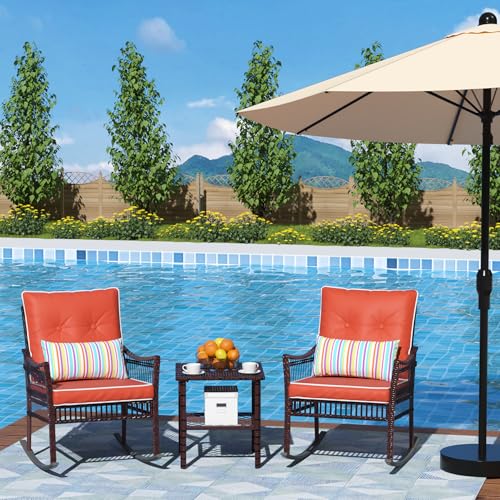 Outdoor Rocking Chairs 3 Pieces Patio Conversation Front Porch Furniture, Wicker Rocking Chairs Bistro Set with Coffee Table and Cushions for Garden and Balcony, Orange