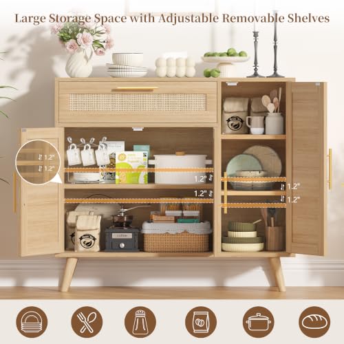 Kitchen Buffet Cabinet with 3 Doors, Rattan Storage Cabinet, view 6
