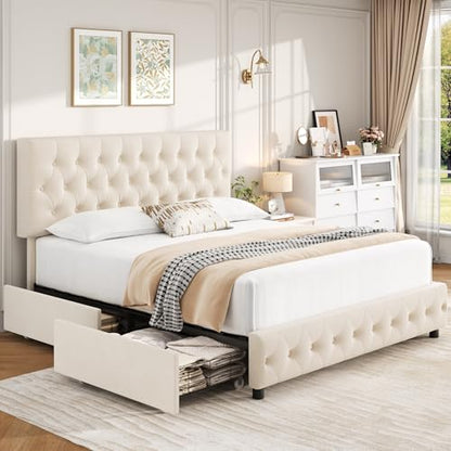Modern Queen Size Upholstered Bed Frame with 4 Storage Drawers, Button Tufted Headboard Design, Solid Wooden Slat Support, Easy Assembly, Soft Velvet, Beige