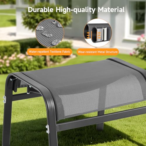 Outdoor Ottoman Set of 2, All Weather Outdoor Foot Stool with Supportive Textliene and Metal Frame, Stackable Oversized Outdoor Foot Rest for Furniture Patio Garden Pool, Grey