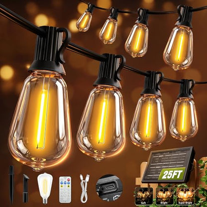 Solar String Lights Outdoor Waterproof with Remote & Timer, LED Shatterproof ST38 Bulbs, USB & Solar Powered Patio Lights for Backyard, Porch, Garden, Wedding, Christmas Decor (25FT)