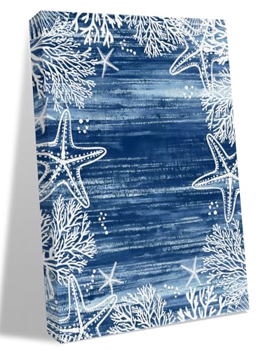 NuYeBiofx Summer Ocean Starfish Coral Canvas Wall Art Prints,48"x32" Framed Picture Artwork Coastal Navy Blue Marine Creature Printed Canvas Oil Painting for Living Room Bedroom Office,Ready to Hang