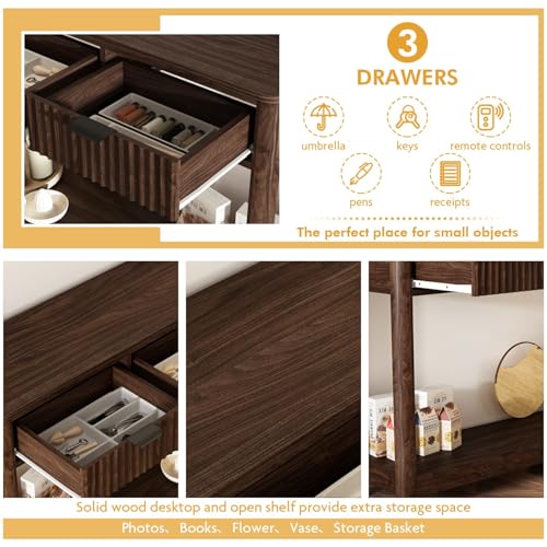 Fluted Wood Console Table with 3 Drawers, Boho Narrow Behind Couch Entryway Table with Open Storage Shelf, Modern Sofa Table for Living Room, Foyer and Hallway (Dark Walnut)