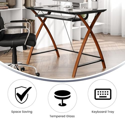 Jude Tempered Glass Computer Desk with Pull-Out Keyboard Tray and Crisscross Frame, Small Computer Desk for Home Office, Cherry/Clear