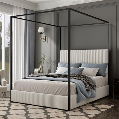 Luxury King Metal Canopy Bed with Tall Upholstered Headboard, White, view 2