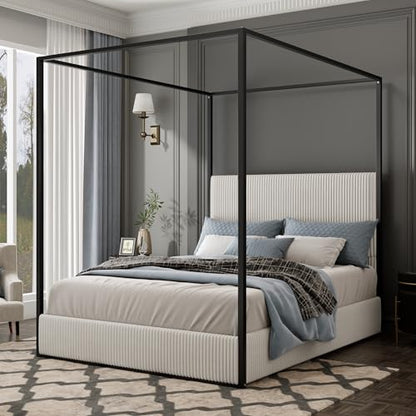 Luxury King Metal Canopy Bed with Tall Upholstered Headboard, White, view 2