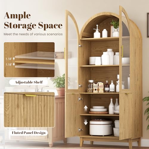 71" Tall Arched Cabinet with Glass Doors, Fluted Kitchen Pantry Cabinet, view 6