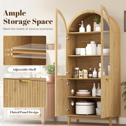 71" Tall Arched Cabinet with Glass Doors, Fluted Kitchen Pantry Cabinet, view 6