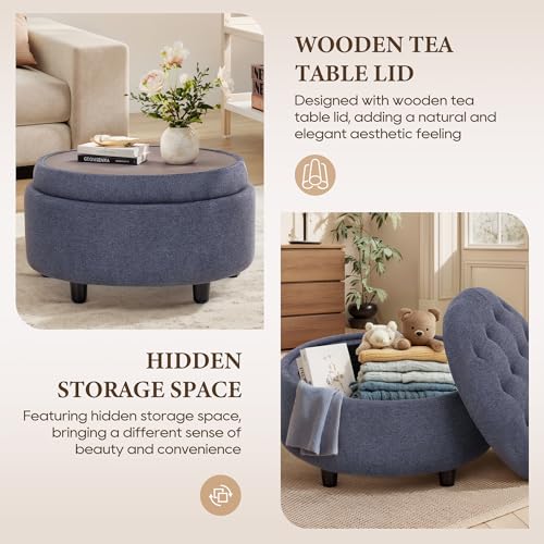 Fabric Round Storage Ottoman with Reversible Tray Lid – Multi-Functional Footrest, Hidden Storage, Sturdy & Stylish Small Coffee Table for Living Room, Bedroom, or Entryway(Blue)