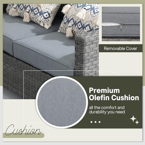 Outdoor Patio Furniture Set 6 Piece Wicker Conversation Set with Lift Coffee Table Sectional Dining Set 3 Seat Sofa Couch with Ottoman, Grey Wicker & Grey Cushion
