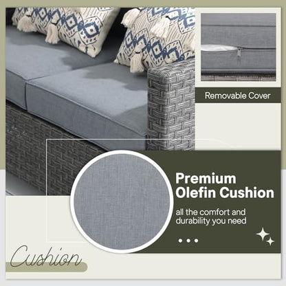 Outdoor Patio Furniture Set 6 Piece Wicker Conversation Set with Lift Coffee Table Sectional Dining Set 3 Seat Sofa Couch with Ottoman, Grey Wicker & Grey Cushion