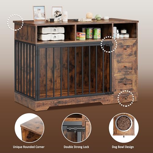 48'' Dog Crate Furniture with Bowl, Medium Dog Cage, Retro Brown, view 5