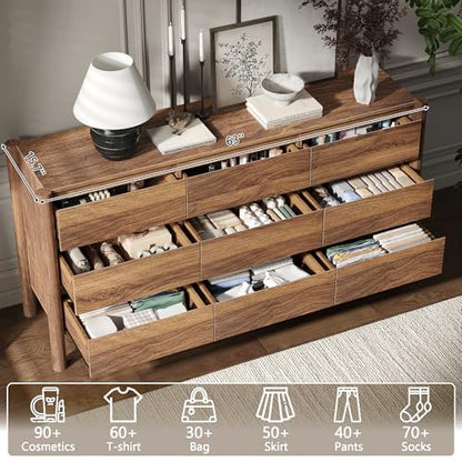 3-Piece Bedroom Dresser Set-9 Drawer Dresser & 2 Nightstands,63" Wide Walnurt Dresser and Night Stands with Solid Wood Cylindrical Legs,Rustic Wooden Storage for Bedroom