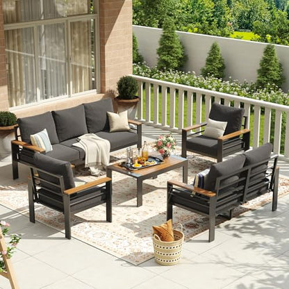 Aluminum Patio Furniture Set 7 Seats, Oversized Outdoor Sectional with Washable Thick Cushions, Coffee Table, Patio Conversation Sets for Porch, Balcony, Deck, Dark Gray