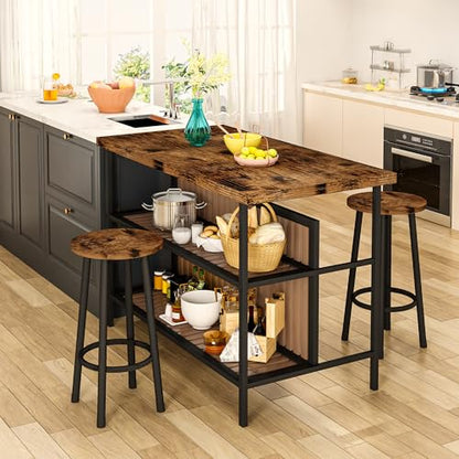 Kitchen Island with Seating & Storage, Farmhouse Dining Table Set for 2, Space-Saving 3 Piece Dining Set Table & Chairs Island Table for Kitchen, Apartment, Dining Room, Rustic Brown
