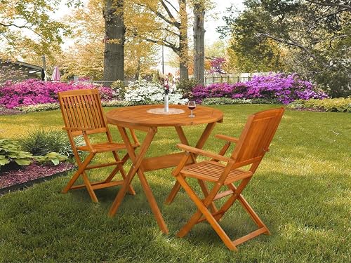 MNCM3CANA 3 Piece Folding Patio Bistro Sets Outdoor Set Contains a Round Acacia Wood Coffee Table and 2 Folding Arm Chairs, 30x30 Inch, Natural Oil