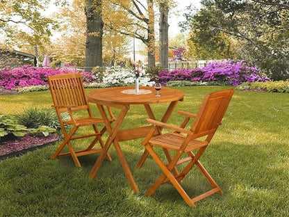 MNCM3CANA 3 Piece Folding Patio Bistro Sets Outdoor Set Contains a Round Acacia Wood Coffee Table and 2 Folding Arm Chairs, 30x30 Inch, Natural Oil