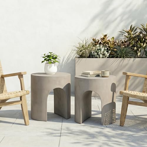 Outdoor Side Table, 16" W Concrete End Table w Arch Shape, Round Cement Accent Table Lightweight for Patio, Modern Decorative Garden Stool for Patio, Backyard, Grey