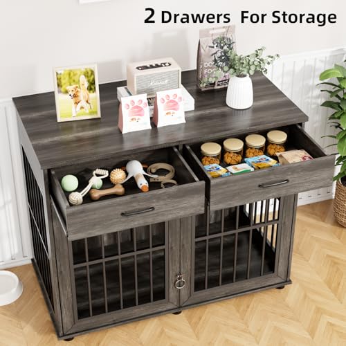 43.3" Large Dog Crate Furniture with 2 Drawers, Grey, view 7