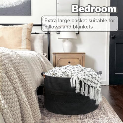 Large Blanket Basket Living Room, Laundry Basket With Tassel, 90L | Woven Storage Basket for Toys, Clothes & Pillows Storage，Bedroom Nursery Décor, Laundry Hamper With Handles, Black