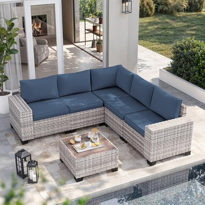 6-Piece Outdoor Patio Furniture Set Wicker Rattan Sectional Sofa Set, Patio Conversation Set with Thickened Cushions & Coffee Table for Garden, Backyard, Navy Blue