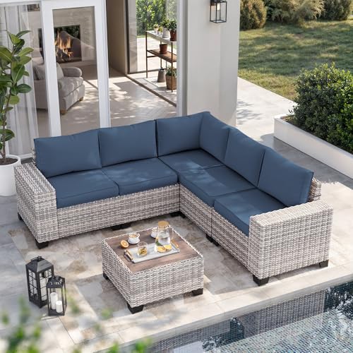 6-Piece Outdoor Patio Furniture Set Wicker Rattan Sectional Sofa Set, Patio Conversation Set with Thickened Cushions & Coffee Table for Garden, Backyard, Navy Blue