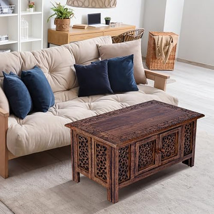Hand-Carved Wooden Coffee Table – 36x18” Rectangular Mango Wood Center Table with Storage, Natural Burnt Finish, Living Room & Accent Table