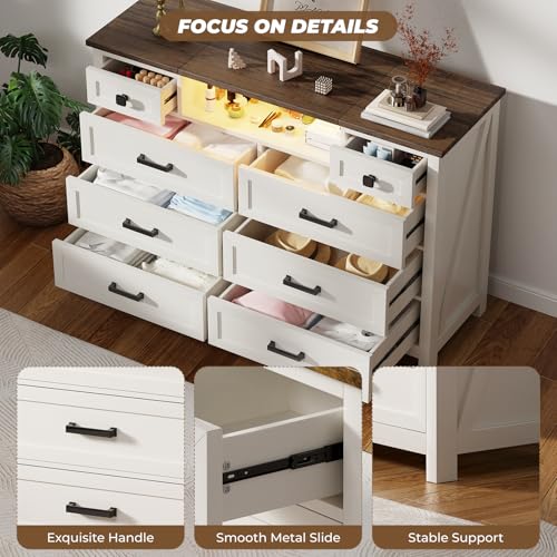 Dresser with LED Mirror, 8 Drawers, Farmhouse, for Bedroom, White, view 6