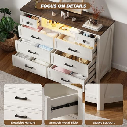 Dresser with LED Mirror, 8 Drawers, Farmhouse, for Bedroom, White, view 6