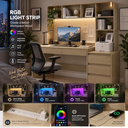 55" Computer Desk with Hutch, File Cabinet, Power Outlets & LED Lights, view 7