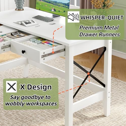 43.3 Inch White Computer Desk with 2 Drawers for Home Office Bedroom, view 7