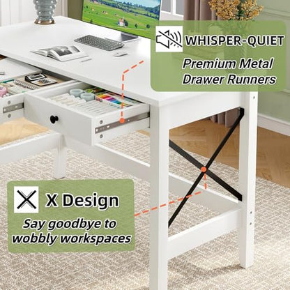43.3 Inch White Computer Desk with 2 Drawers for Home Office Bedroom, view 7