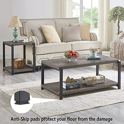Coffee Table with Storage Shelf, Rustic Wood and Metal Cocktail Table for Living Room, Grey