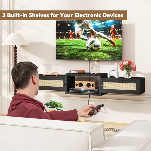 Modern Rattan Floating TV Stand with Doors, view 5