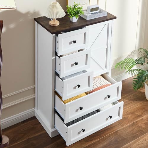 Dresser for Bedroom, Farmhouse Dresser with 5 Wooden Drawers and Storage Cabinet, 48 Inches Tall Chest of Drawers for Bedroom, Living Room, Hallway, White