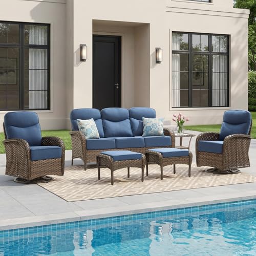 Outdoor Swivel Rocking Chair Patio Set (6-Piece), High-Back - Thick Cushion Swivel Rocking Chair Patio Set, All-Weather Wicker Patio Furniture Set, Suitable for Balcony Patios, Brown/Blue