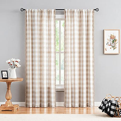 Pompom Buffalo Check Curtains Taupe and White Plaid Window Treatment Set 95 inch Rustic Farmhouse Curtain Drapes for Living Room Bedroom Kids Dorm 2pcs Rod Pocket