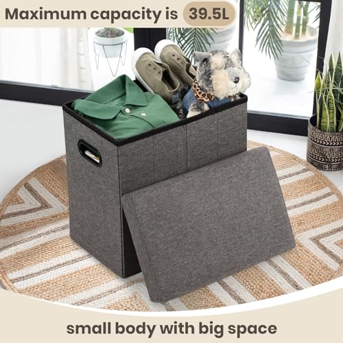 Ottoman with Storage Collapsible Fabric - Footrest Foot Stool for Room, Slim Tall Folding Ottoman Furniture with Handles Lid Toy Chest Linen - Gray - 16.5x16.5x10.6in