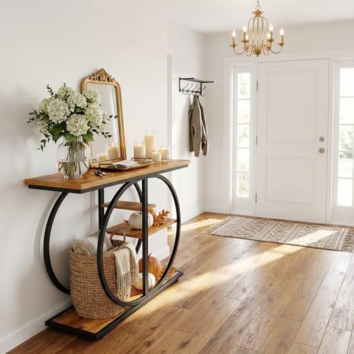Industrial Console Table, 5-Tier Narrow Entryway Table with Storage Shelves, Rustic Brown, 41.3 Inch, for Living Room Hallway Foyer