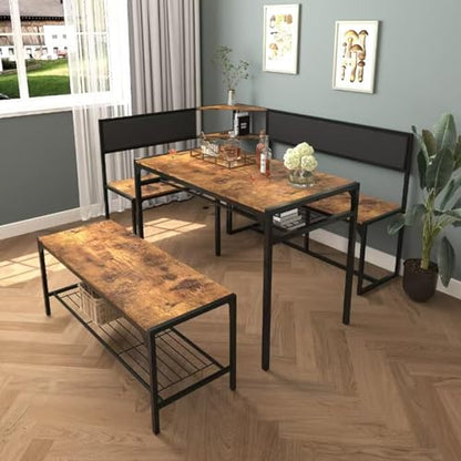 3-Piece Corner Dining Table Set for 4-6, Industrial Kitchen Table and Chair Sets with Storage & Bench, Farmhouse Rectangle Tables & L-shaped Seat for Living Room Breakfast Nook Restaurant, Brown