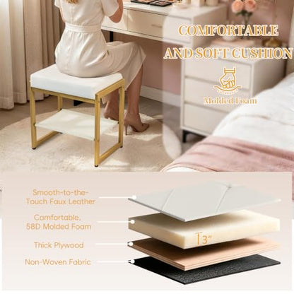 White Gold Vanity Stool, Vanity Chair Stools with a Lower Storage Shelf, Faux Leather Upholstered Ottoman Bench for Bedroom, Living Room, Modern Metal Legs Makeup Chairs