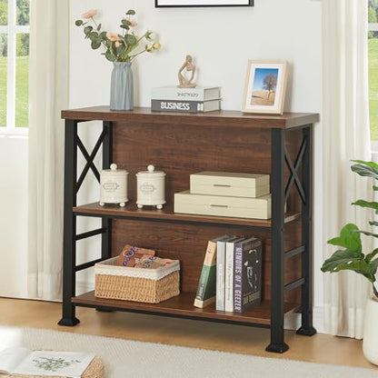 3-Tier Small Bookshelf, 35.4 Inch Short Book Shelf with Sturdy Metal Frame & Wood Shelves, Rustic Brown Industrial Bookcase for Living Room, Bedroom, Office