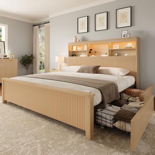 King Size Bed Frame with 4 Storage Drawers, Natural, view 3