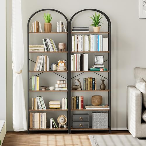 6-Tier Bookshelf Arched Display Racks, Wood and Metal Bookcase, Tall Bookshelf, Industrial Display Standing Shelf Unit, for Home Office, Living Room, Bedroom, Bathroom, Rustic Brown