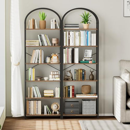 6-Tier Bookshelf Arched Display Racks, Wood and Metal Bookcase, Tall Bookshelf, Industrial Display Standing Shelf Unit, for Home Office, Living Room, Bedroom, Bathroom, Rustic Brown