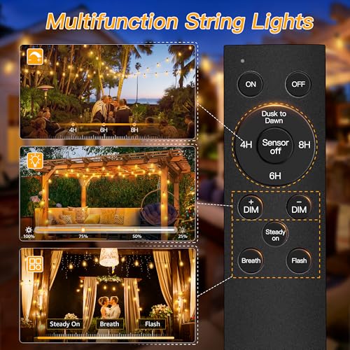 S11 100FT Outdoor String Lights with Remote, Plug in Waterproof Connectable 3 Modes Dimmable Timers Patio Lights with 48+2 LED Spare Bulbs, Dusk to Dawn Outdoor Light for Outside Bistro Yard