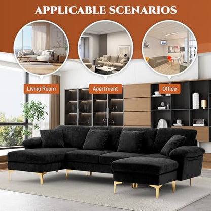 U-Shaped Sectional Sofa Couch, 4 Seat Sofa Set for Living Room, Convertible L-Shaped Velvet Couch Set with Chaise Lounge, Ottoman and Pillows,114 inches (Black)